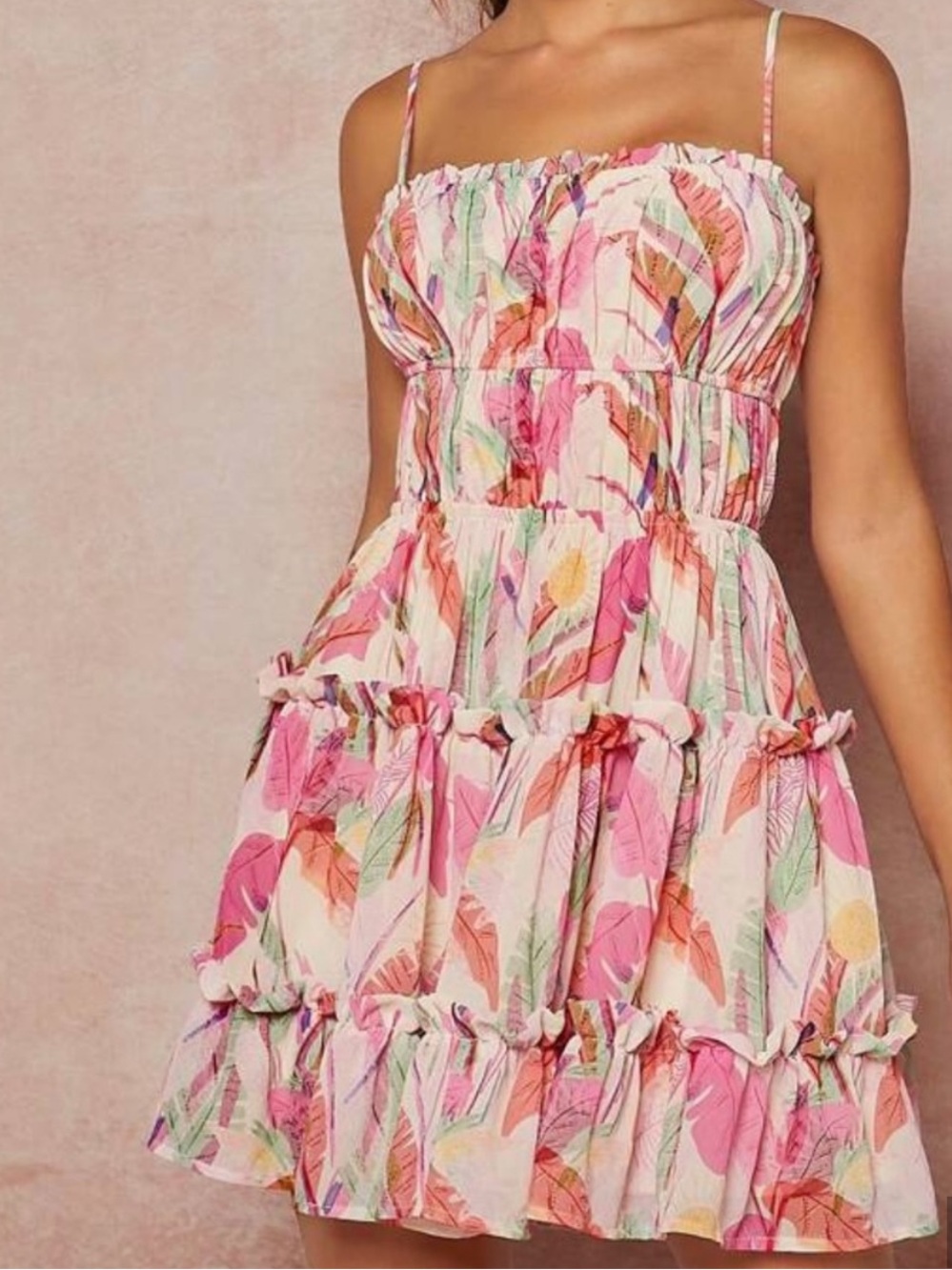 Pink Boho Vacation Western Resort Tropical Leaf Print Tiered Mini Dress L Large